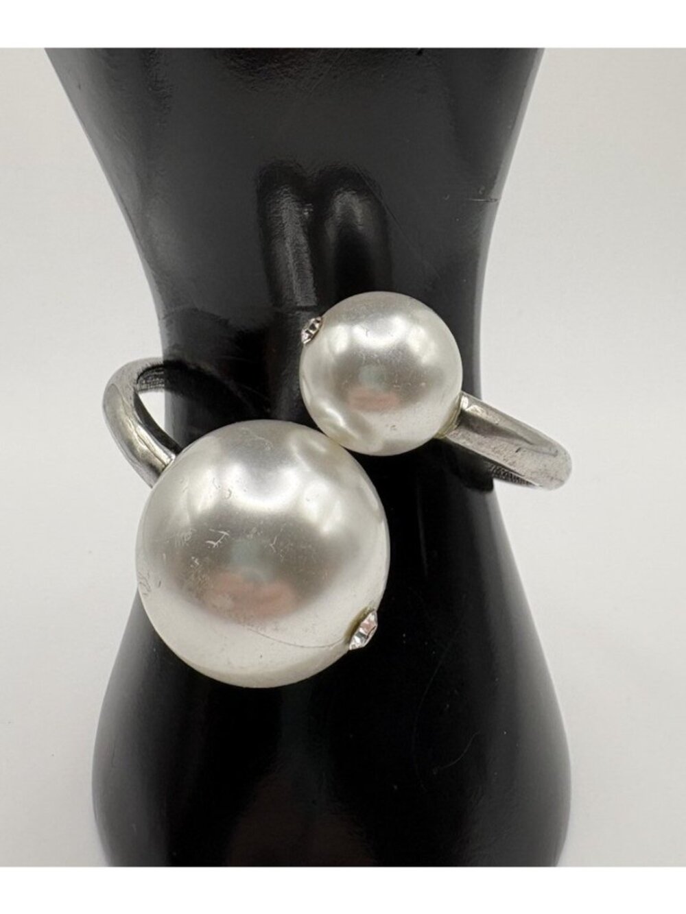 Large Faux Pearl Silver Tone Hinged Statement Bracelet Cuff